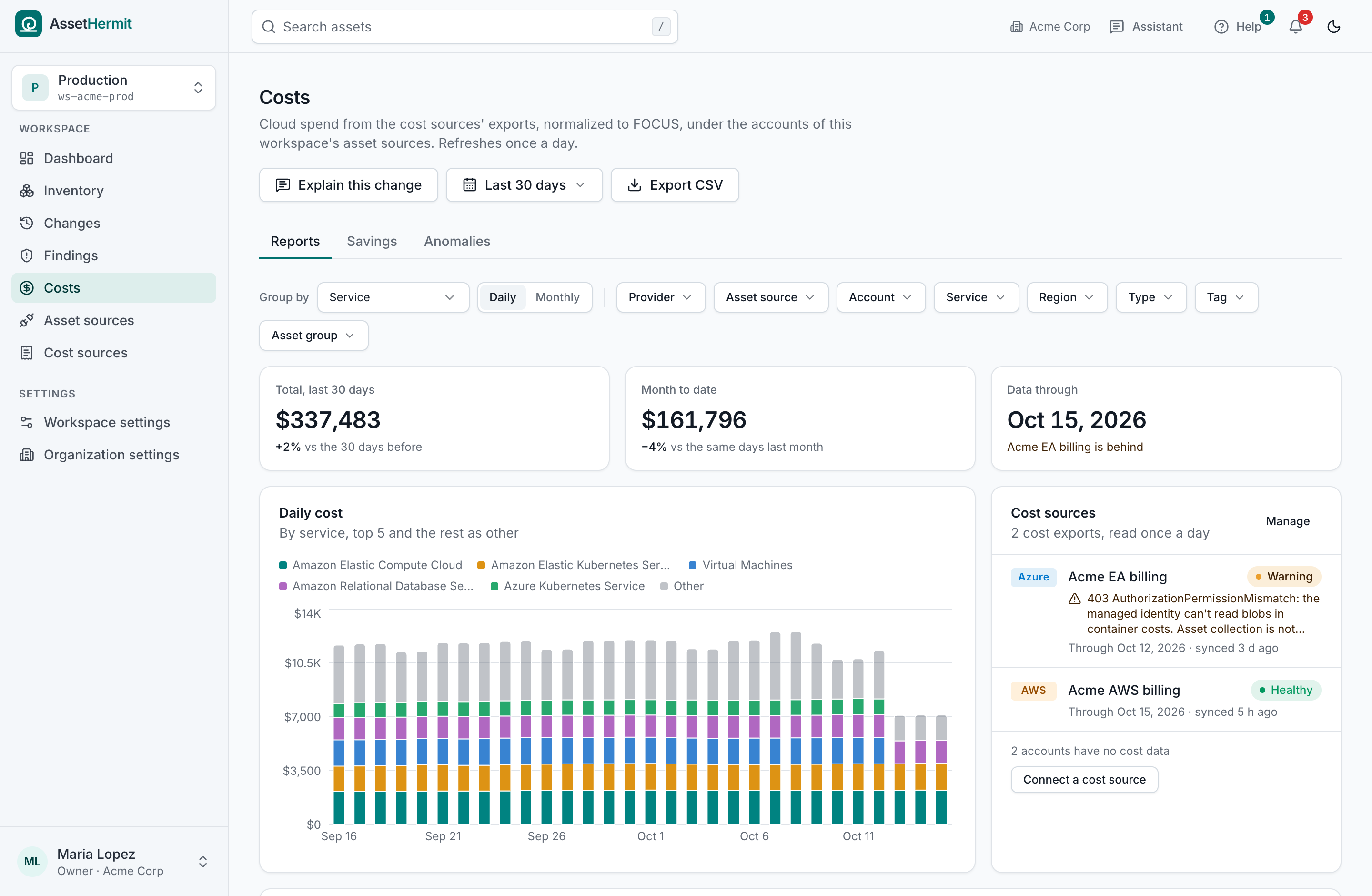 The Costs page: the last 30 days' daily cost by service, across AWS and Azure, with totals and each cost source's sync status